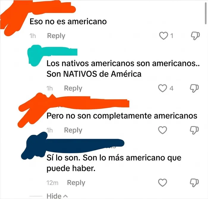 Captura de comentarios ridículos sobre nativos americanos, mostrando ignorancia en TikTok.