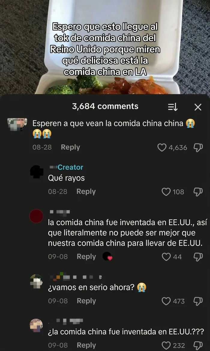 Captura de comentarios sobre personas demostrando su ignorancia en TikTok al afirmar que la comida china es de EE.UU.