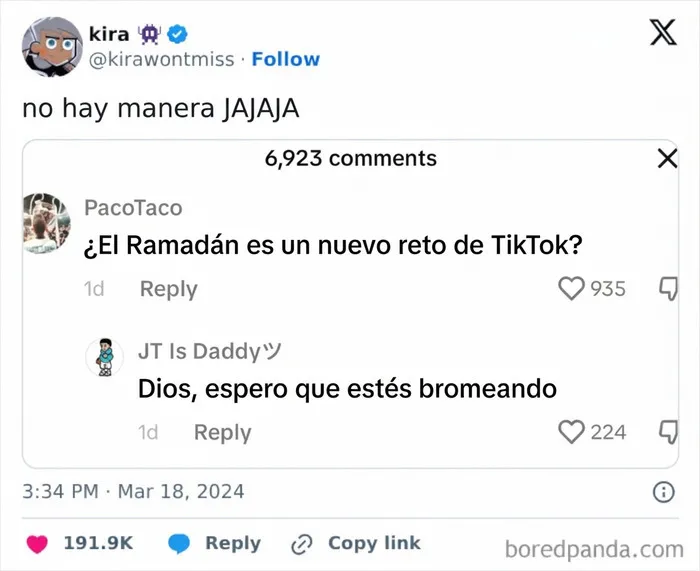 Captura de pantalla de un comentario sobre ignorancia en TikTok confundiendo el Ramadán con un reto viral.