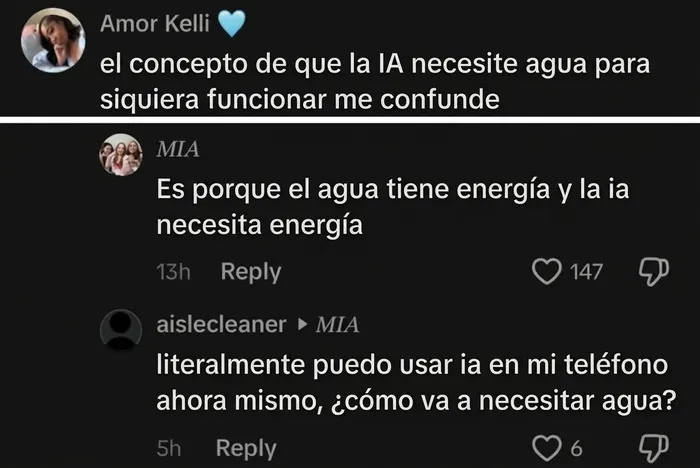 Personas demostrando ignorancia en TikTok sobre cómo funciona el consumo de agua e IA.