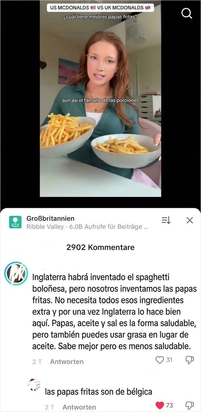 Comentario absurdo sobre el origen de las papas fritas mostrando ignorancia en TikTok.
