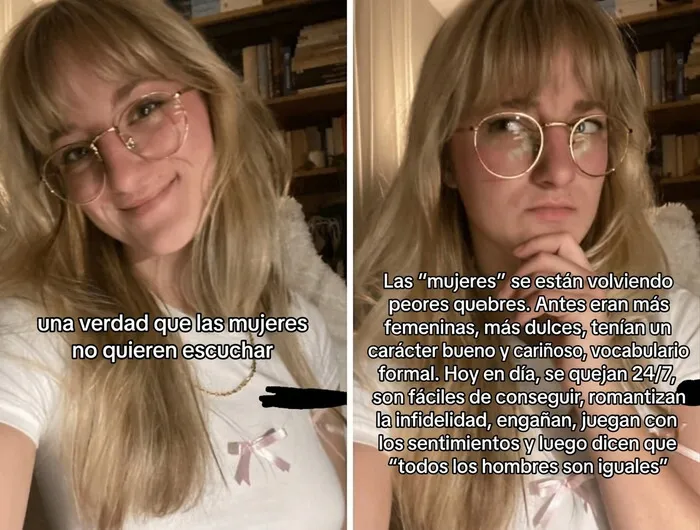 Mujer con gafas posando en una publicación que refleja a personas demostrando su ignorancia en TikTok.