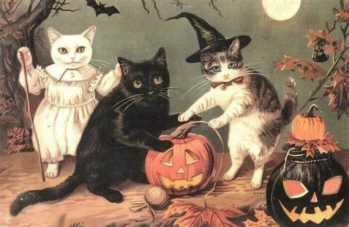 Ilustración vintage de gatos disfrazados en Halloween, parte de una colección de objetos efímeros.
