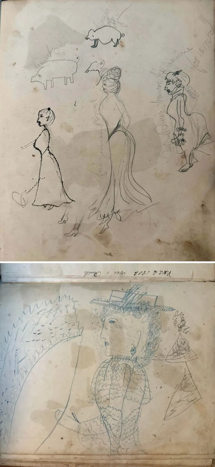 Bocetos a lápiz históricos guardados como objetos efímeros en un cuaderno de notas