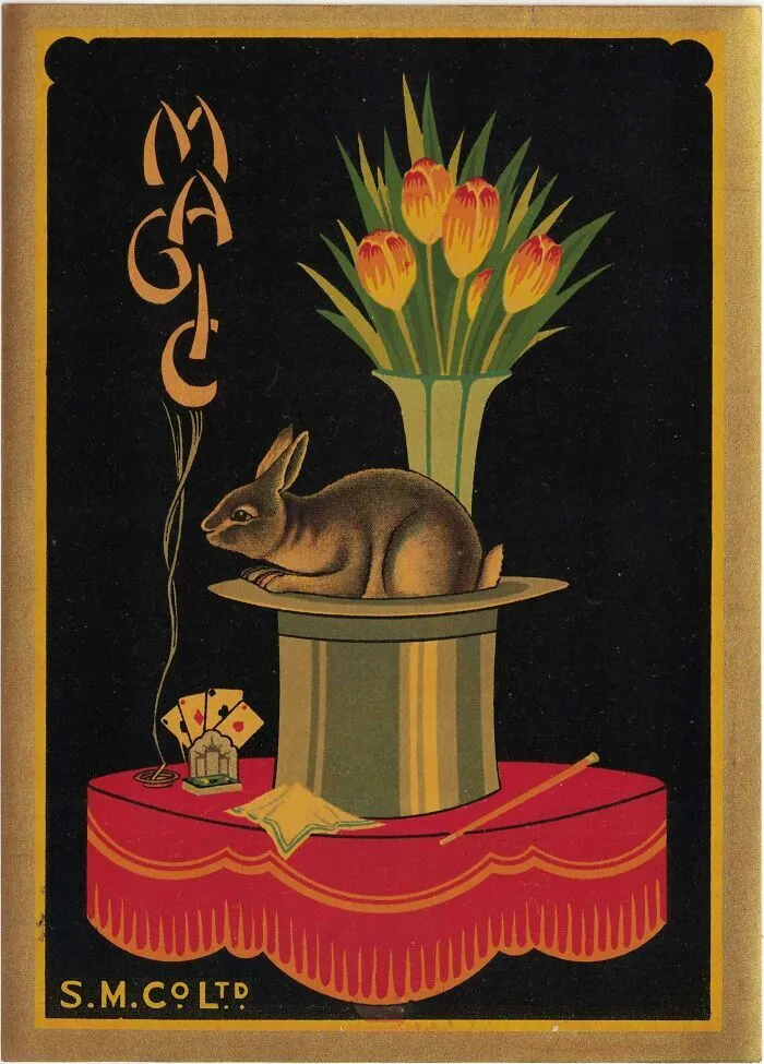 Ilustración retro de magia con un conejo en un sombrero, ejemplo de objetos efímeros de diseño gráfico.
