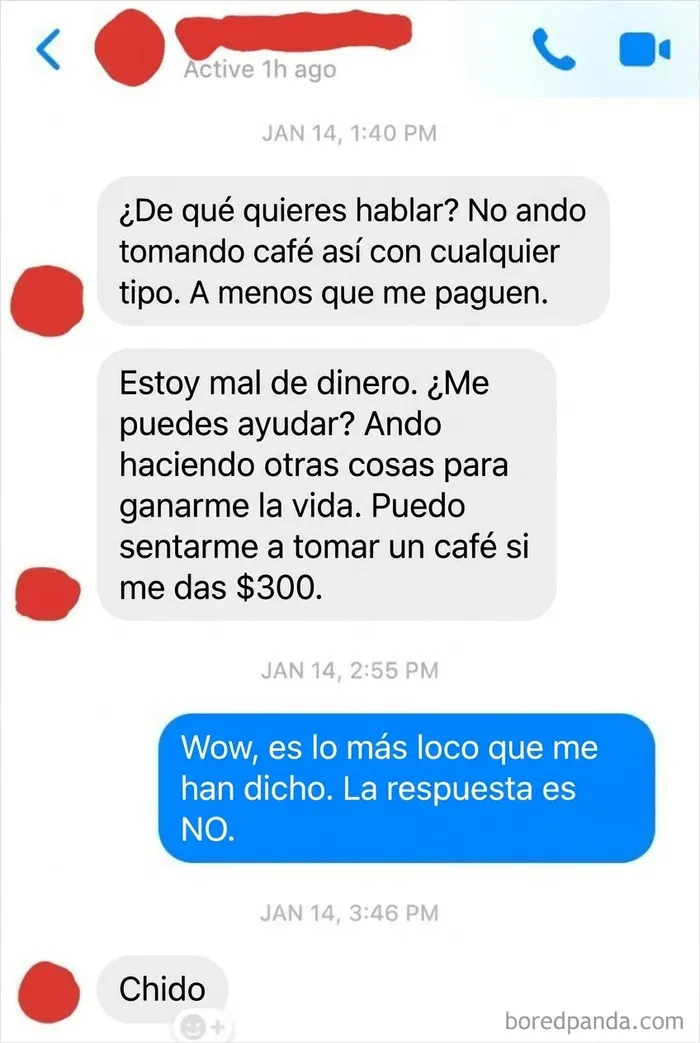 Mensajes de texto que muestran la actitud de pedigüeños exasperantes pidiendo dinero.
