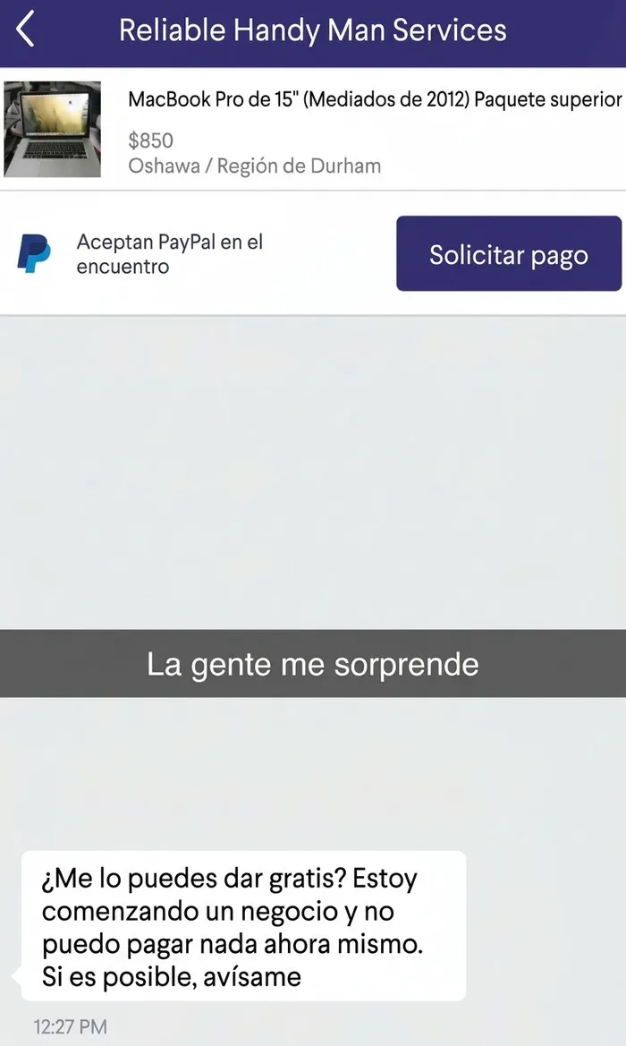Mensaje donde un pedagüeño exasperante pide una computadora gratis para su negocio.