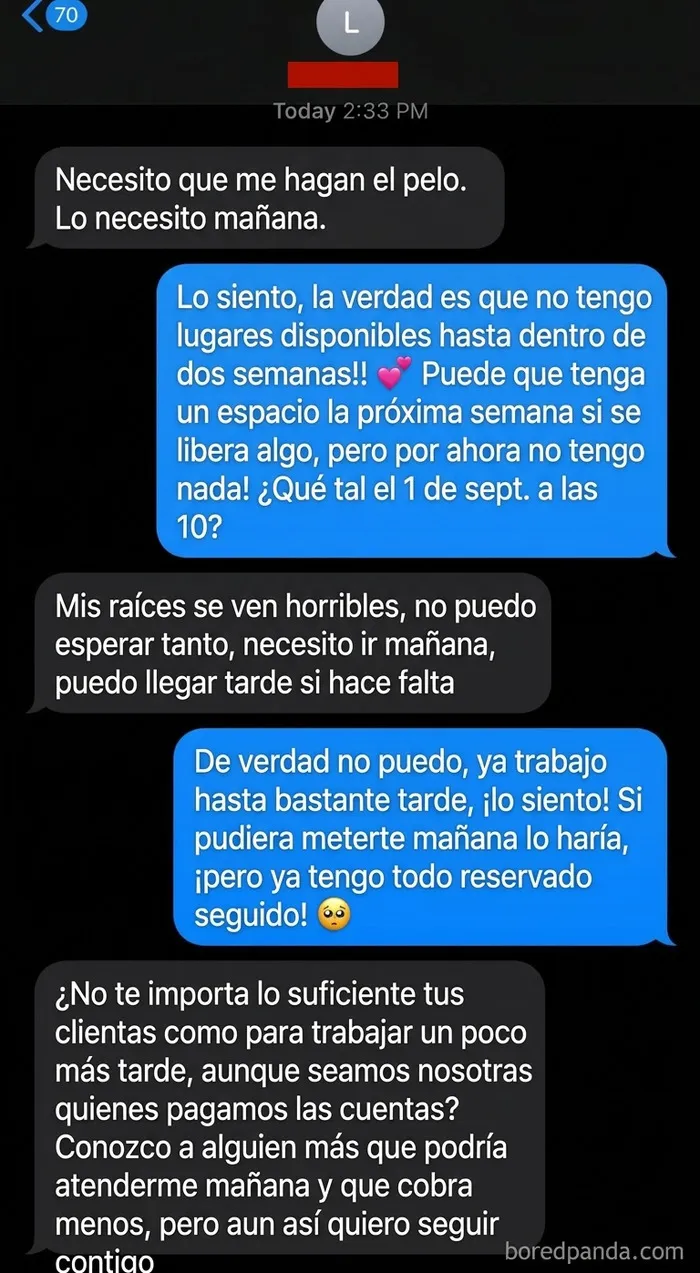 Captura de pantalla de un mensaje de texto de pedagüeños exasperantes exigiendo una cita con una peluquera.