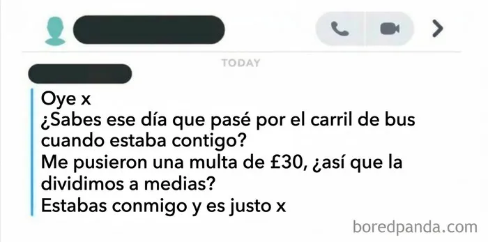 Mensaje de texto donde pedigüeños exasperantes piden pagar la mitad de una multa de tráfico a un acompañante.