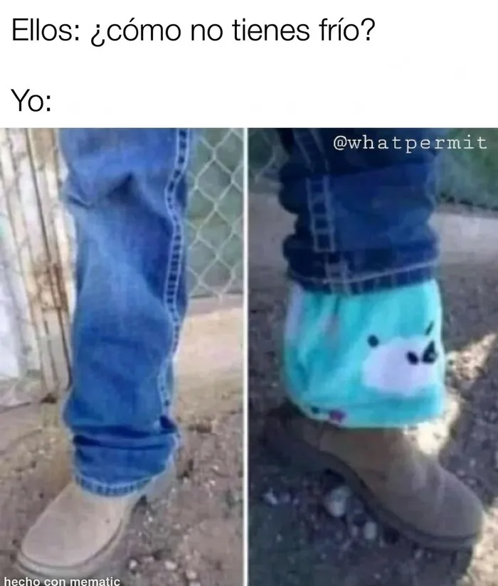 Meme sobre construcción showing calcetines térmicos bajo los pantalones de trabajo