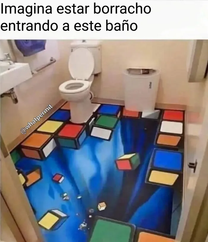 Meme sobre construcción con un baño cuyo piso tiene una ilusión óptica 3D