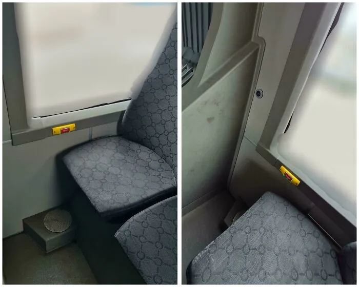 Asiento de tren mal colocado que bloquea la pared, un claro fallo de diseño en el transporte.