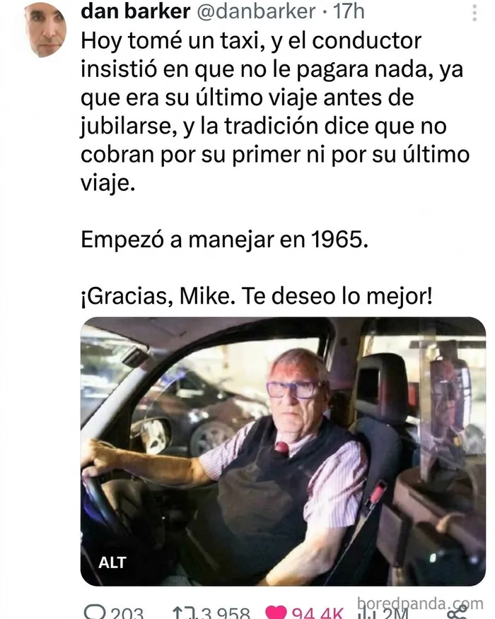 Publicaciones reconfortantes: tweet emotivo sobre un taxista en su último día de trabajo.