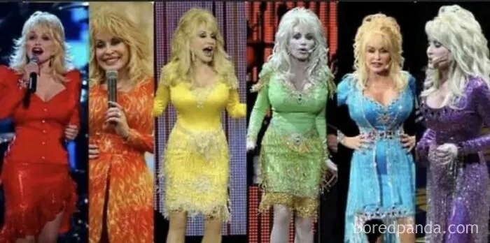 Dolly Parton luciendo vestidos coloridos en publicaciones reconfortantes de artistas