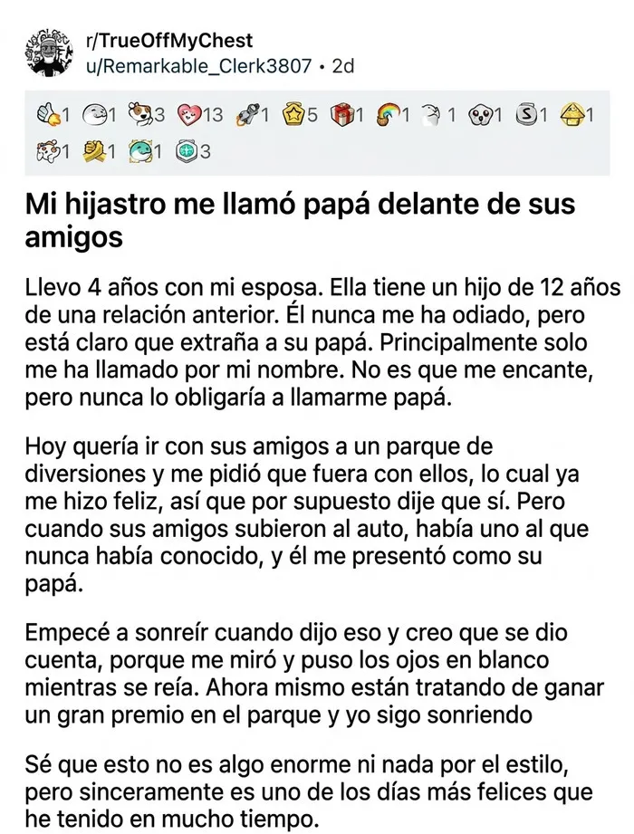 Captura de pantalla con publicaciones reconfortantes sobre un hijastro que llama papá a su padrastro.
