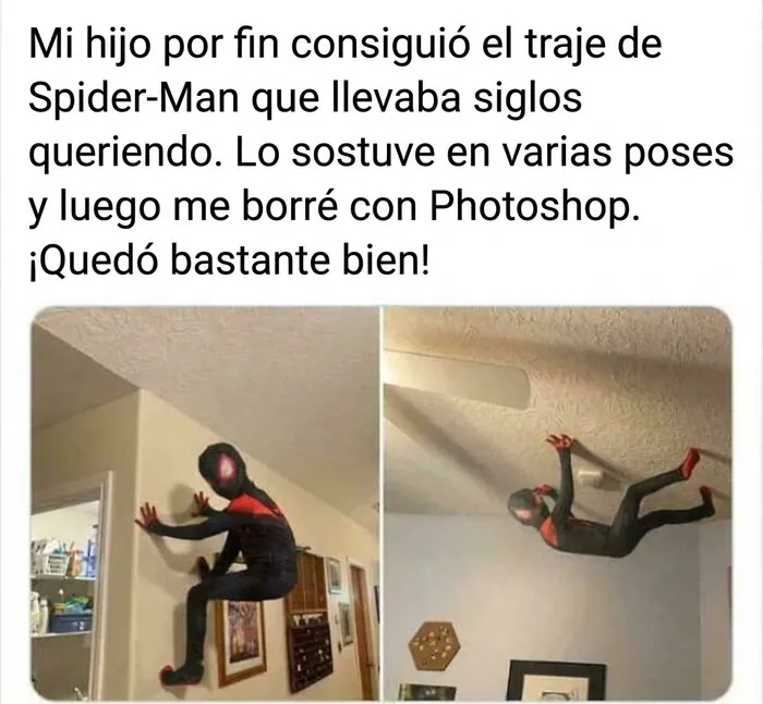 Niño disfrazado de Spider-Man editado con Photoshop entre publicaciones reconfortantes