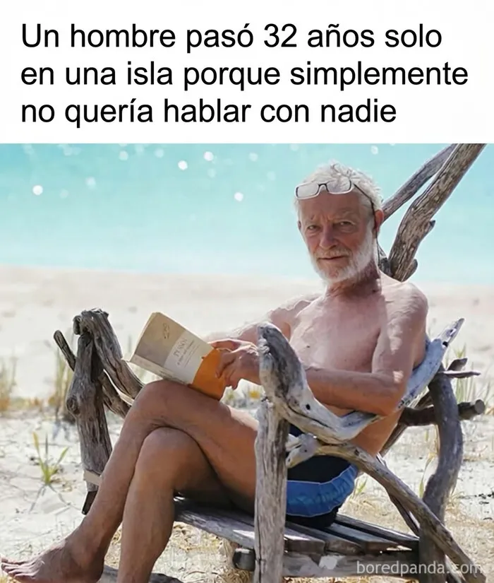 Hombre relajado leyendo en una isla, una imagen divertida dentro de los memes para olvidar los problemas y reír un rato.