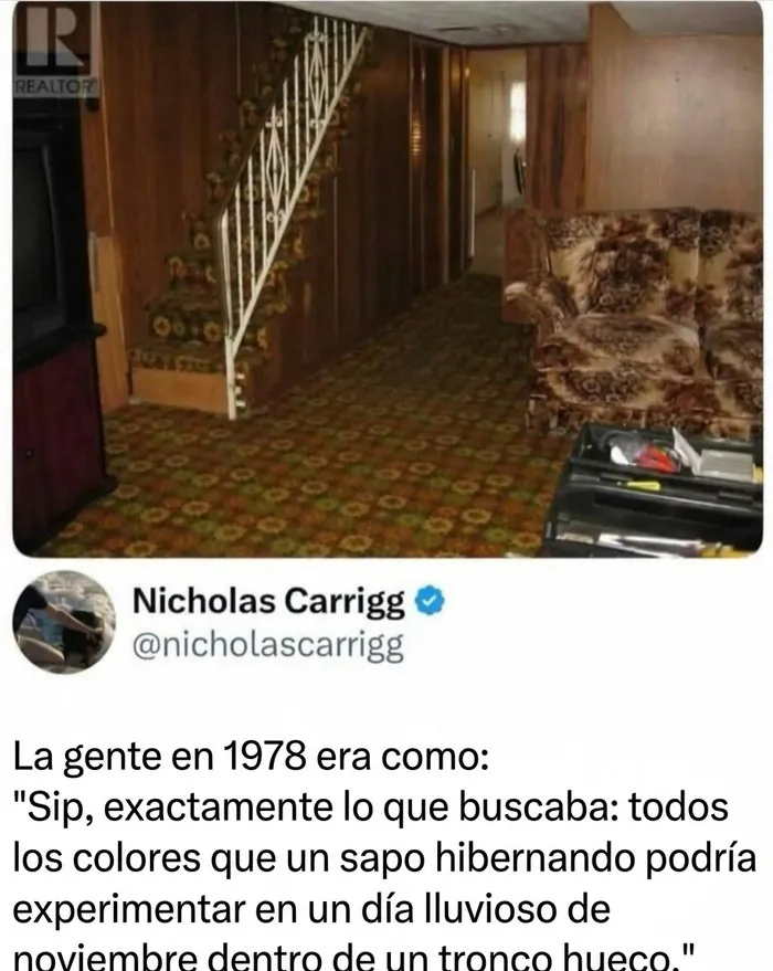 Decoración vintage de los 70 en un meme irónico para reír un rato.