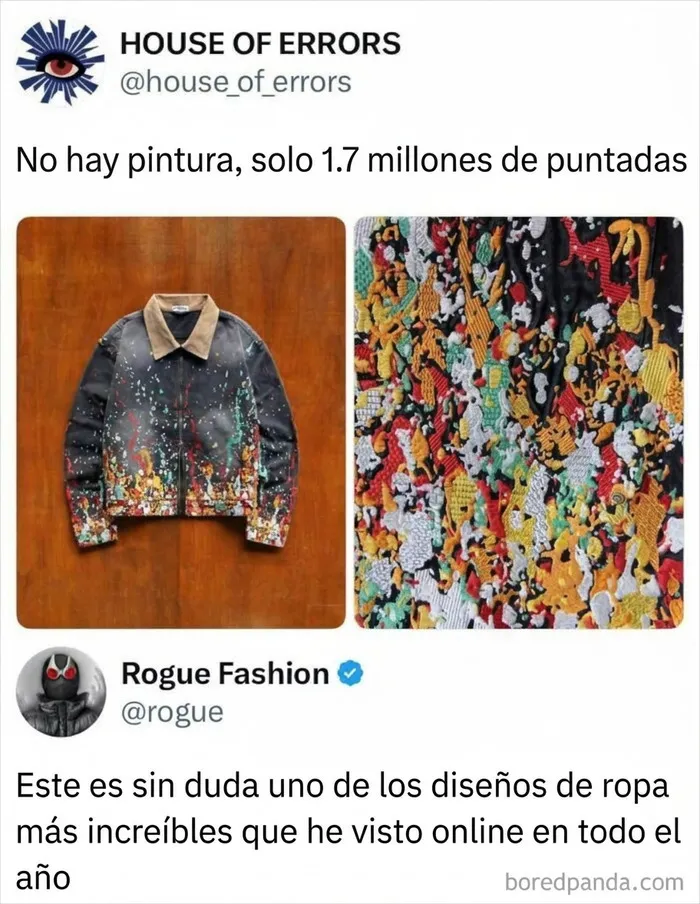 Chaqueta bordada con miles de puntadas en un meme curioso para reír un rato.