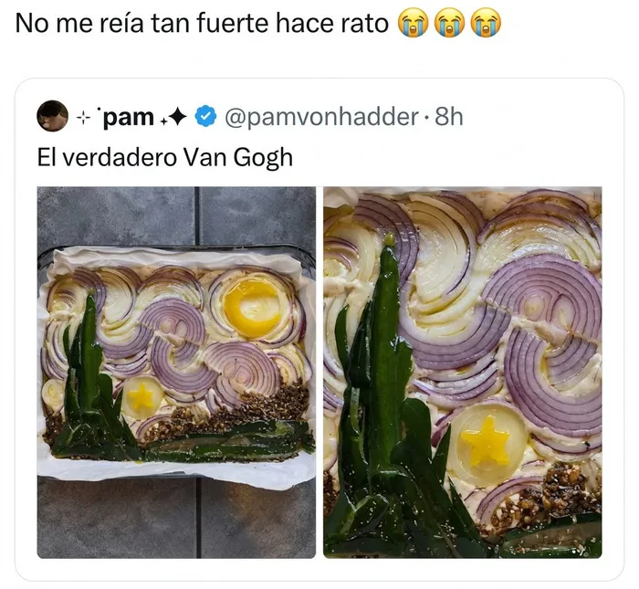Meme gracioso con una recreación del cuadro La noche estrellada hecha con cebollas y verduras.