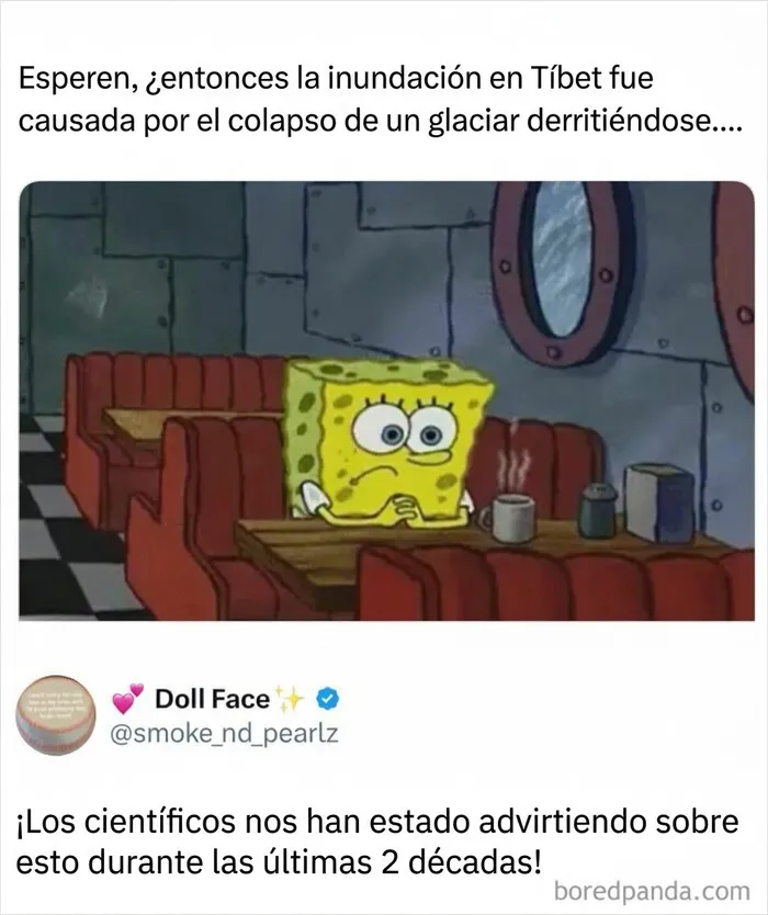Meme gracioso de Bob Esponja en un restaurante para reír un rato.