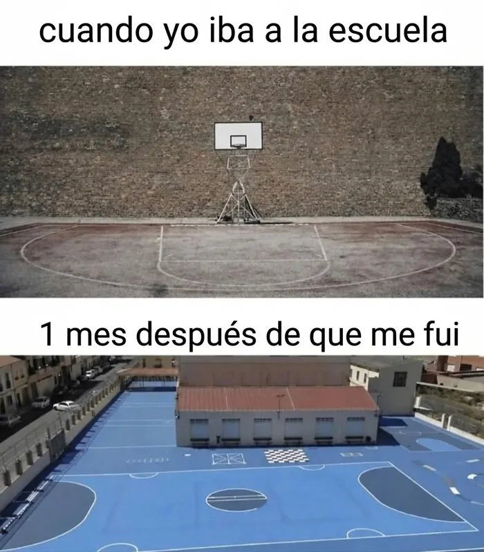 Comparación de canchas escolares en memes para olvidar la rutina.