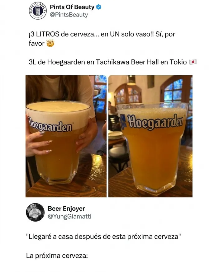 Captura de pantalla con memes sobre un vaso gigante de tres litros de cerveza para reír un rato.
