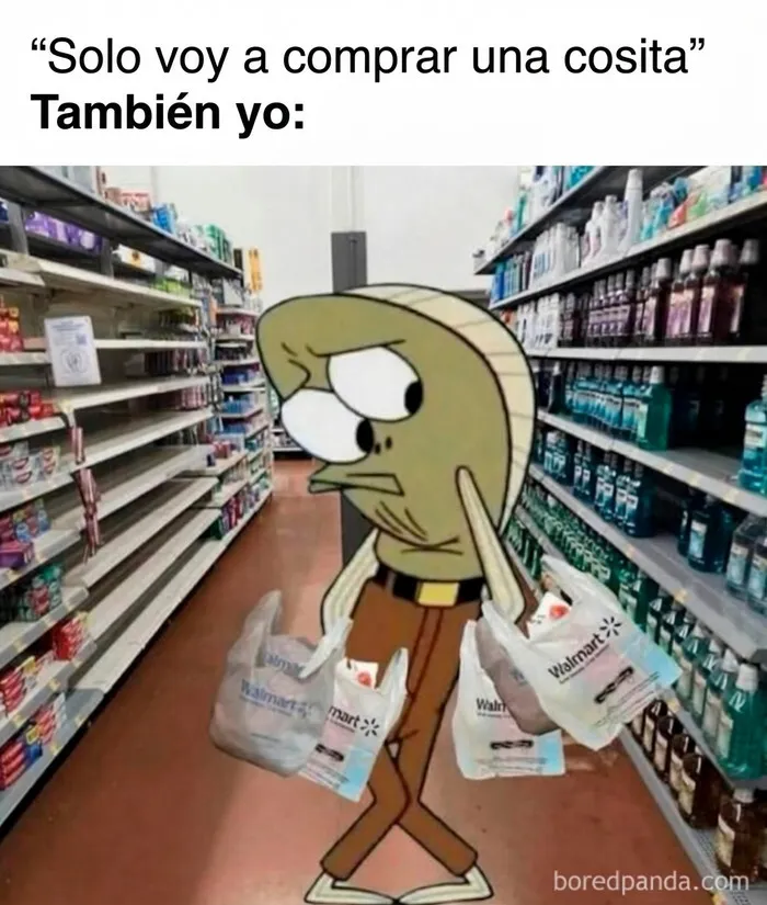 Meme divertido de un personaje de caricatura cargando muchas bolsas de compras en el supermercado.