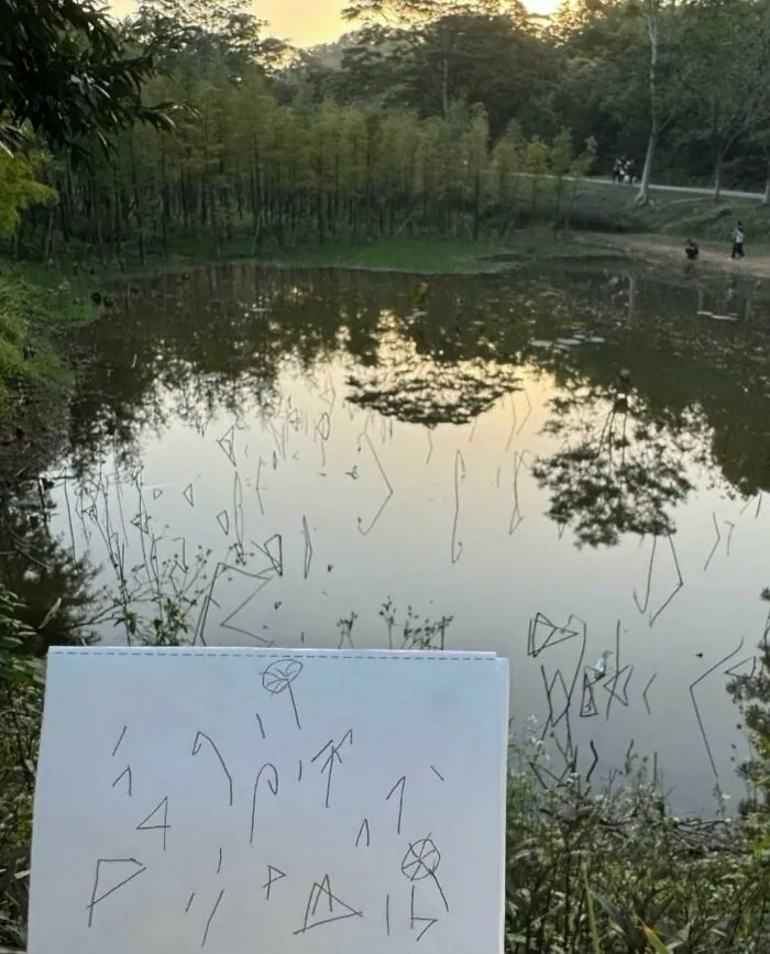 Un dibujo sobre papel que imita las formas del agua en el estanque, parte de imágenes y memes sin contexto.