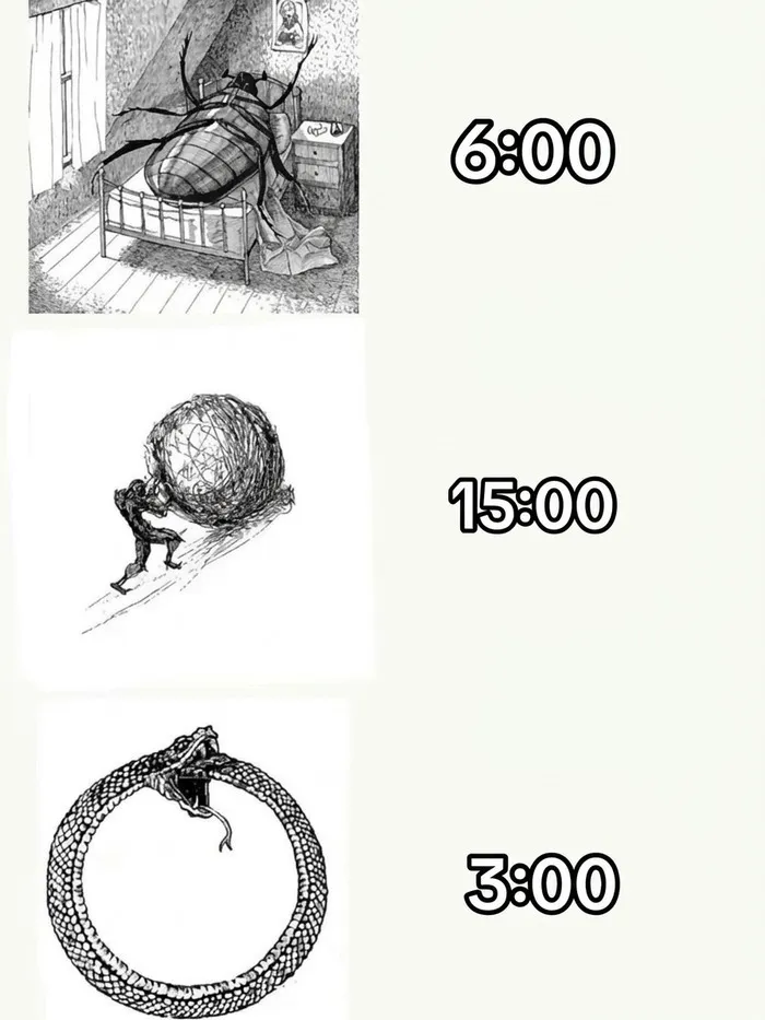 Meme sin contexto que muestra tres ilustraciones surrealistas con horarios.
