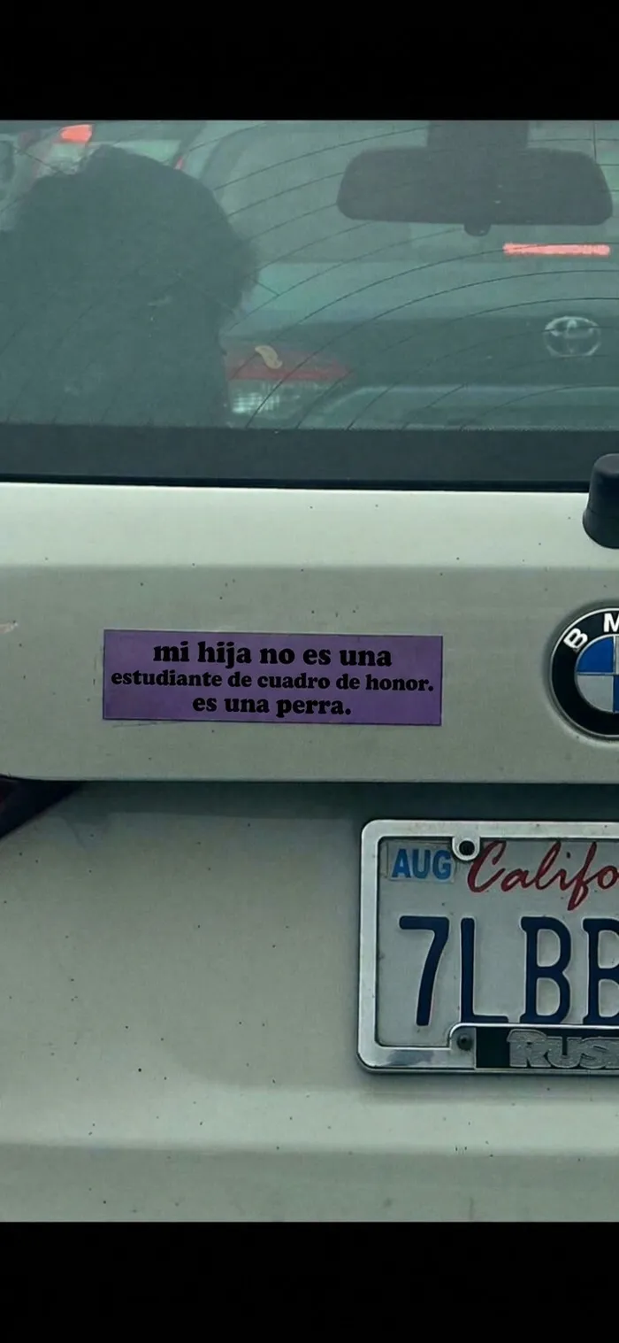 Divertidas pegatinas en los parachoques de los coches pegadas en el portón trasero de un coche blanco.