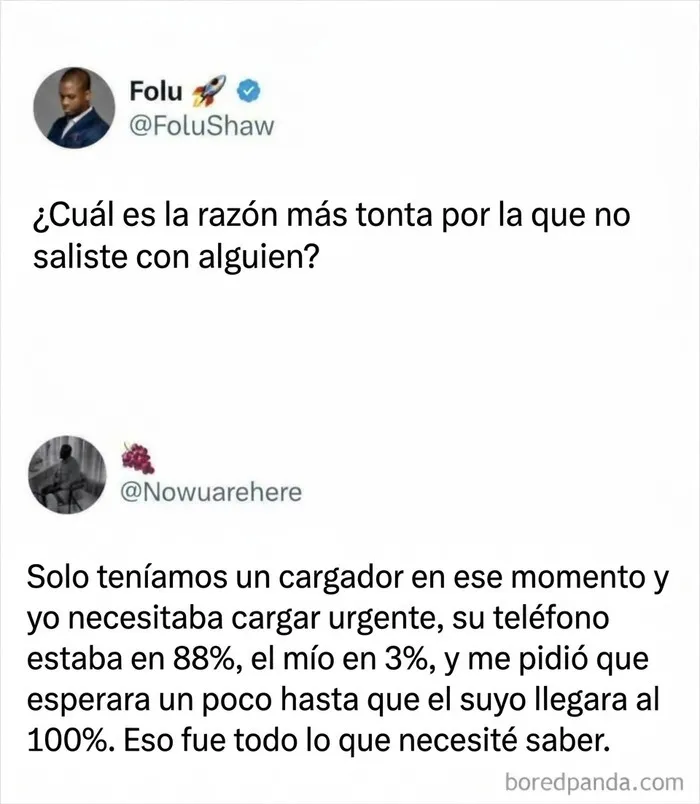 Interacción en redes sociales con tuits divertidos sobre razones absurdas para no salir con alguien.