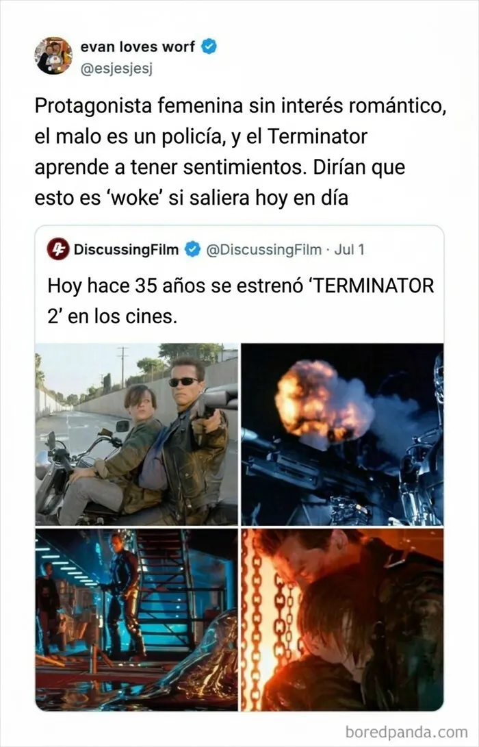 Reflexión en tuits divertidos sobre la película Terminator 2 y cómo sería recibida en la actualidad.