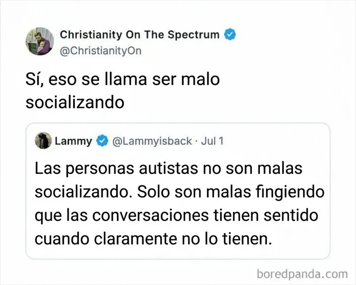 Intercambio de tuits divertidos sobre el autismo y las habilidades para socializar en las conversaciones.