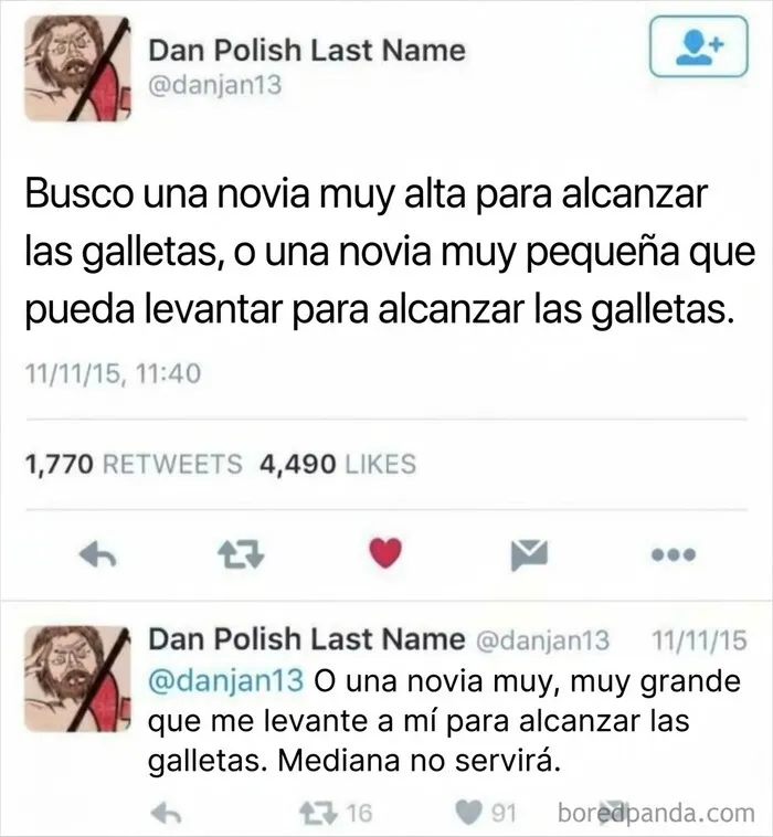 Tuits divertidos sobre los insólitos requisitos para encontrar una novia para alcanzar las galletas.