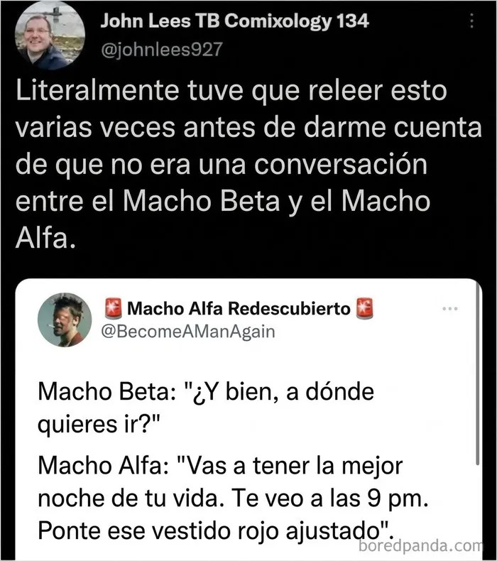 Captura de tuits divertidos sobre una confusión entre Macho Beta y Macho Alfa.