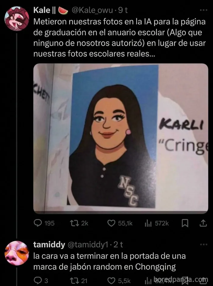 Tuits divertidos mostrando un anuario escolar hecho con IA.