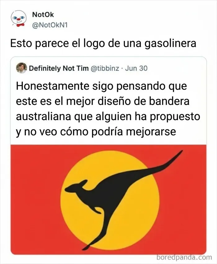 Tuits divertidos sobre una bandera con silueta de canguro en fondo rojo.