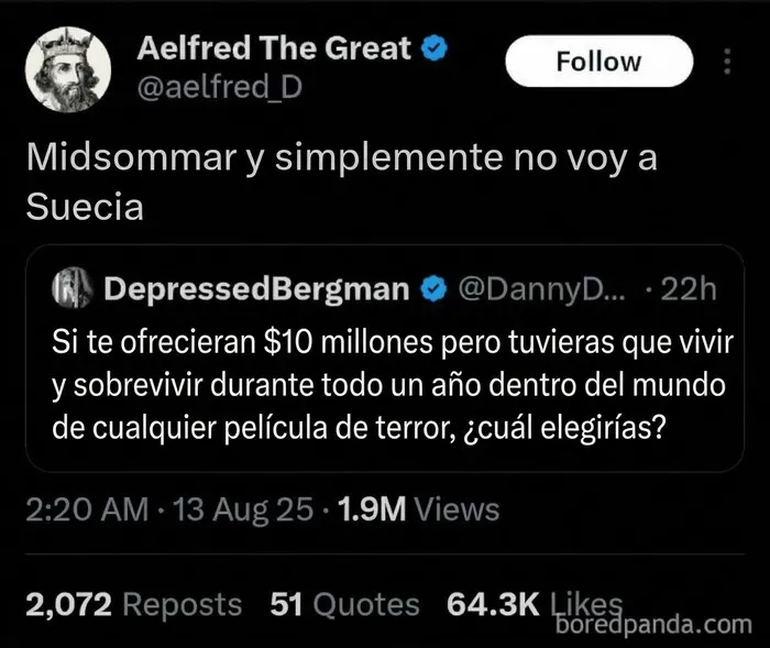 Captura sobre cine de terror que destaca entre varios tuits divertidos e imprevistos.