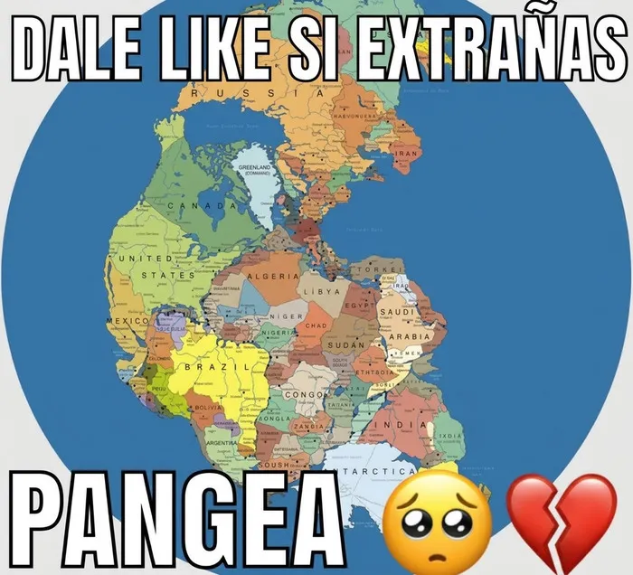 Meme absurdo con mentiras ridículas sobre el antiguo supercontinente Pangea.