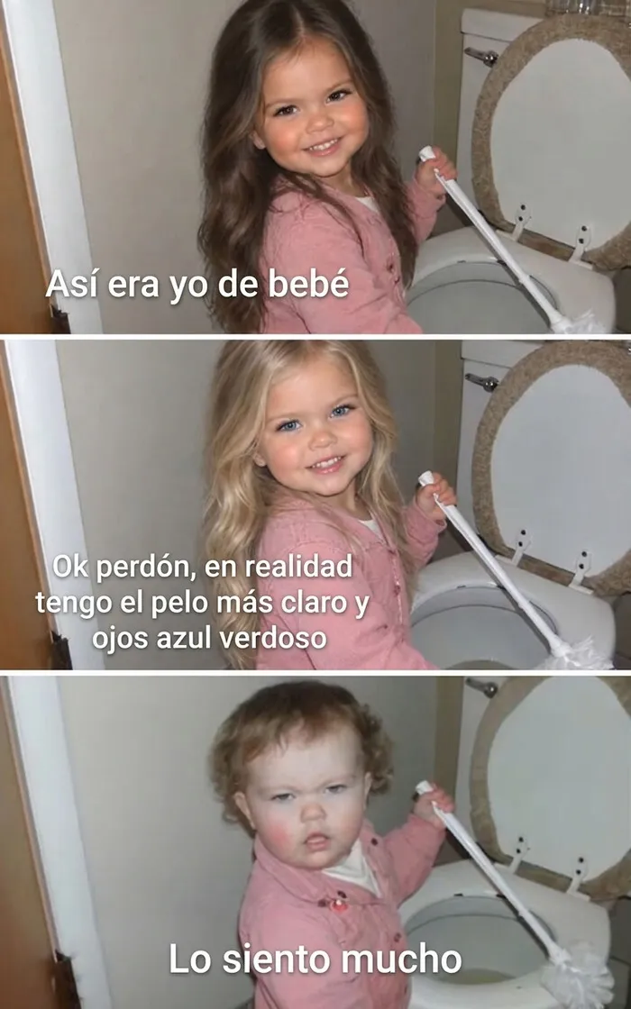 Meme de la tendencia Lo siento mucho de TikTok con fotos editadas de una niña frente al inodoro.