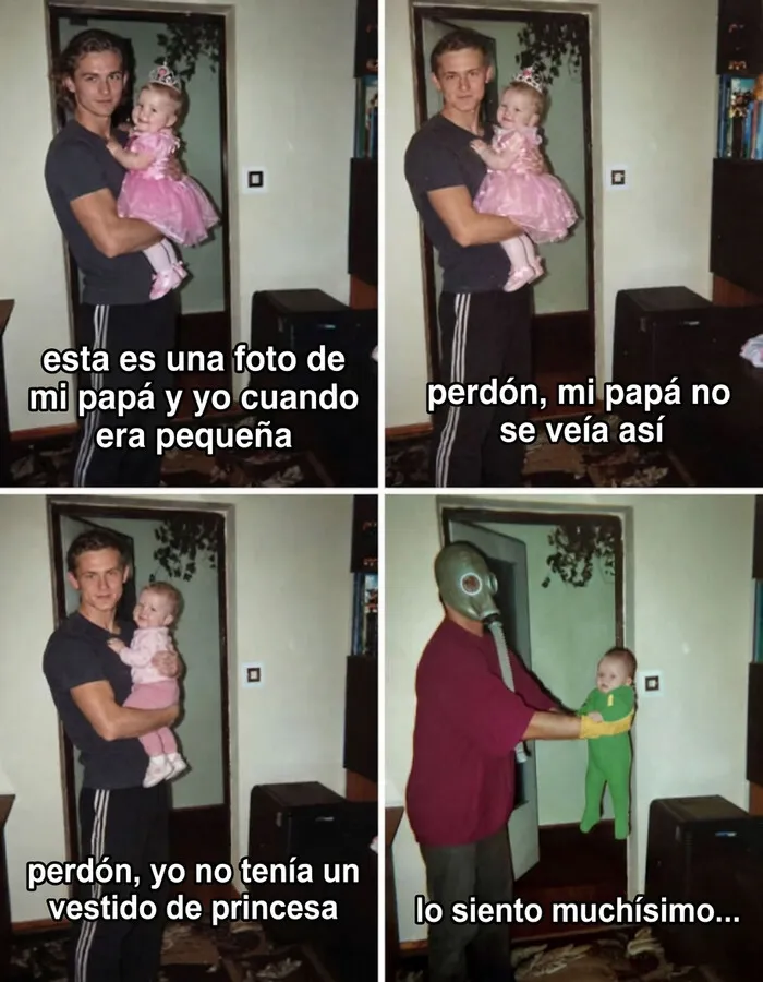 Meme gracioso con transformación de un hombre y un bebé, como parte de la tendencia Lo siento mucho de TikTok.