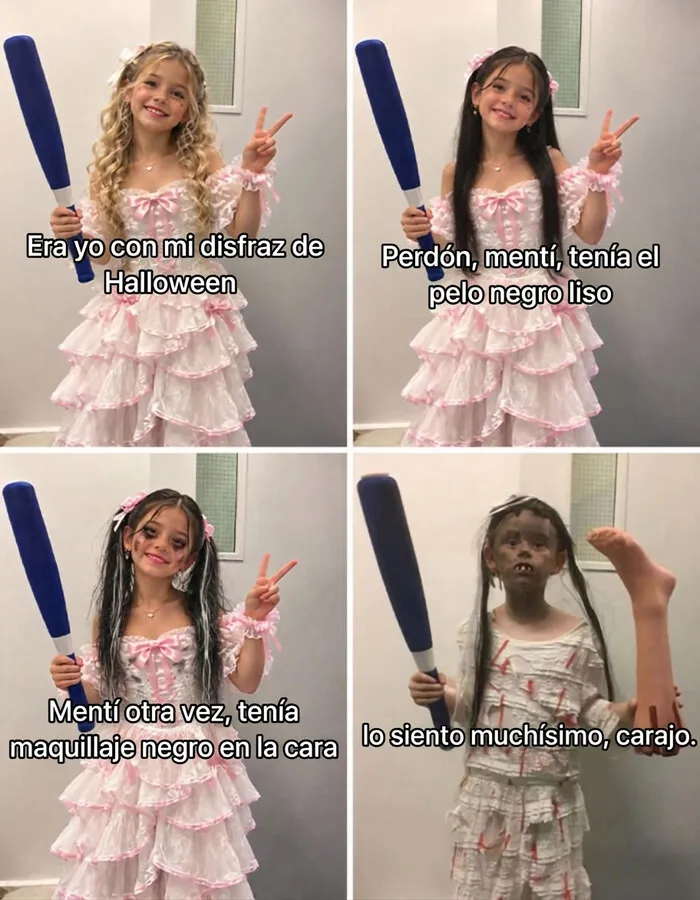 Cuatro imágenes de una niña con disfraz modificadas para el trend Lo siento mucho de TikTok.