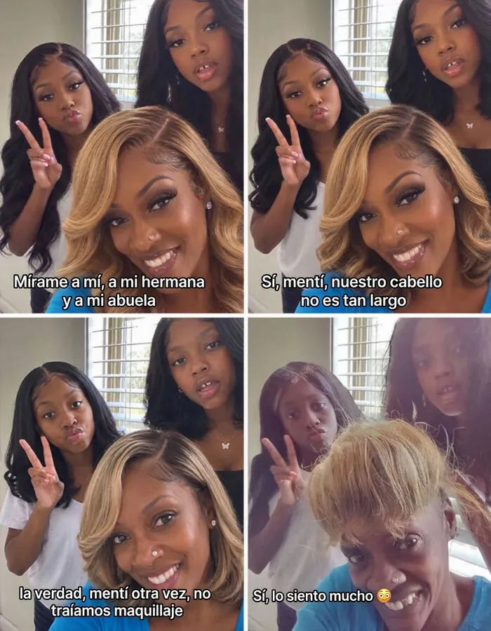 Meme de la tendencia Lo siento mucho de TikTok mostrando una graciosa transformación de tres mujeres.