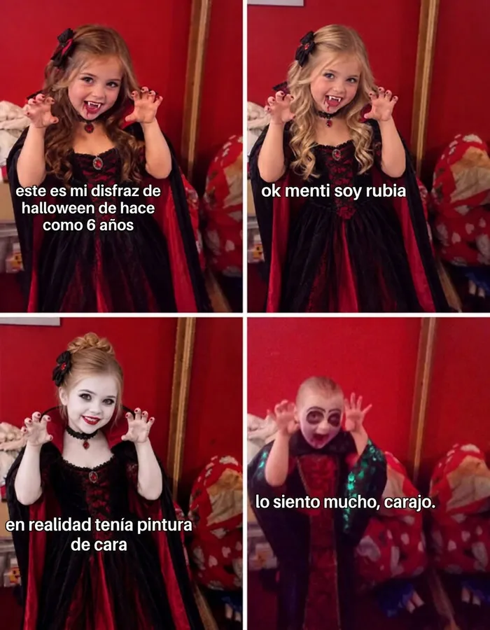 Meme gracioso de la tendencia Lo siento mucho de TikTok sobre un disfraz de vampiro infantil.
