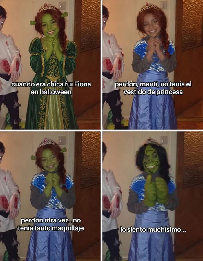 Meme de la tendencia Lo siento mucho de TikTok con disfraz de Fiona y una transformación graciosa.