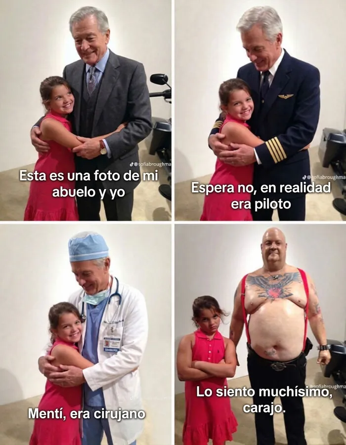 Meme viral de la tendencia Lo siento mucho de TikTok con fotos editadas de un abuelo y su nieta.