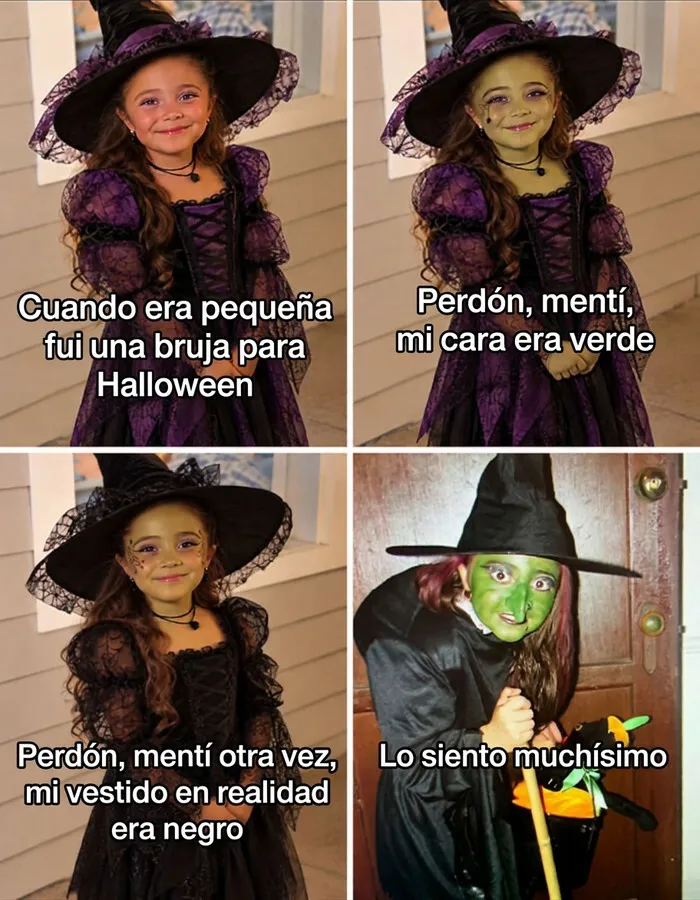 Meme de la tendencia Lo siento mucho de TikTok mostrando la divertida transformación de un disfraz de bruja.