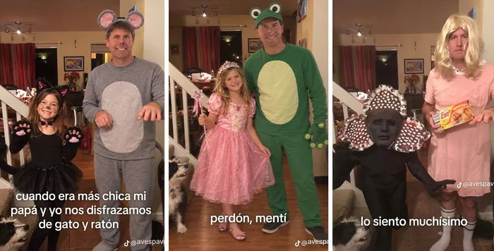 Padre e hija mostrando sus divertidos disfraces en varias fotos como parte del trend de TikTok.