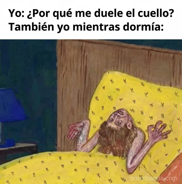 Pintura con postura extraña al dormir representada en memes divertidos.